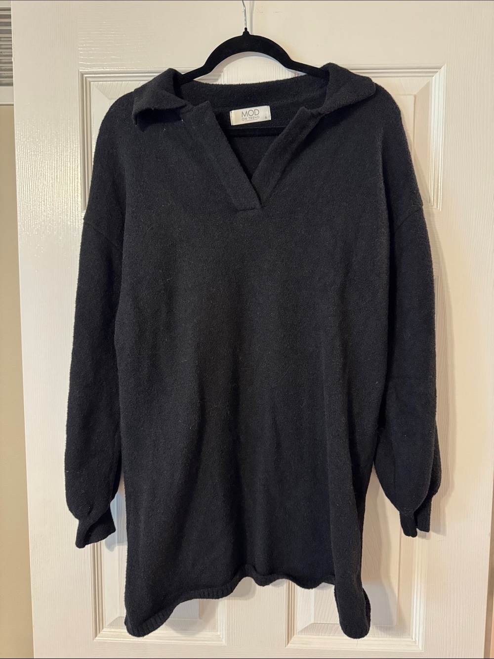 Black Collared V-Neck Sweater Dress